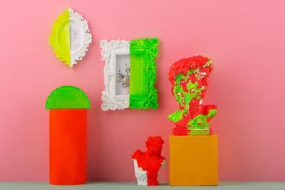 Still life of small decorative objects with vivid colors