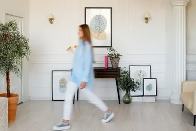 Woman doing daily activities in minimal decorated room