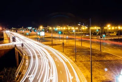 Brightly illuminated city street