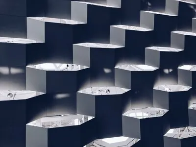Illustration of hexagon platforms with lamps and lights on them