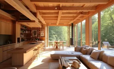 Photorealistic timber house interior with wooden decor and furnishings