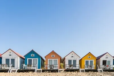 Wide angle shot of Camping De Nolle in Vlissingen, Netherlands under a blue sky