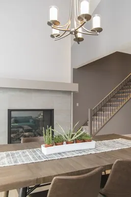 Beautiful shot of a modern house dining room with plants and a fireplace