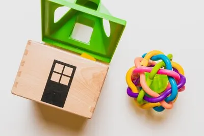 Flat lay composition of toys