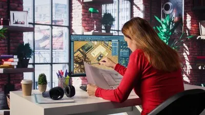 Freelancer designer decorates apartment floor plan using blueprints on pc