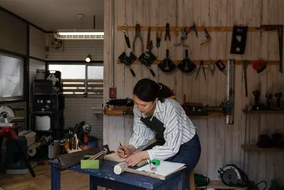 Woman measuring wood medium shot