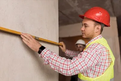 Side view builder man measuring