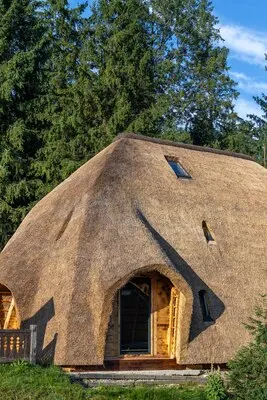 Eco house with straw roof in the forest modern lifestyle close to nature