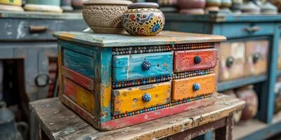 A colorful wooden box is placed on a wooden stool in this art piece