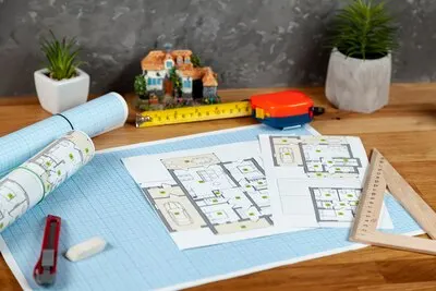High angle architectural project on desk