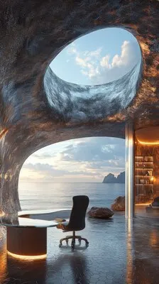 View of modern and futuristic work space with furniture