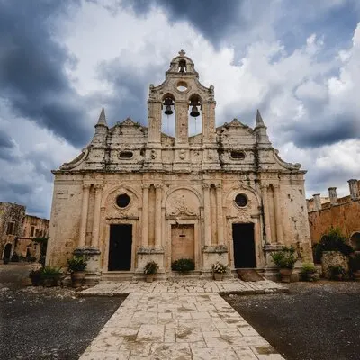 Low angle shot of the Monastery of Arkadi in Greece under a cloudy sky
