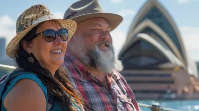 Portrait of overweight couple traveling the world together