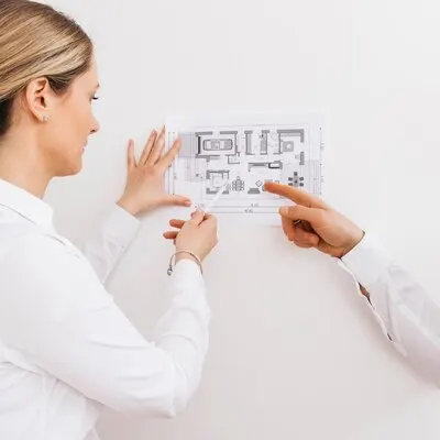 Young female architect and designer working on blueprint project of new apartments