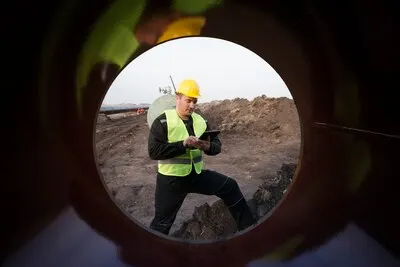 Shot of an oilfield worker checking quality of gas pipes at construction site