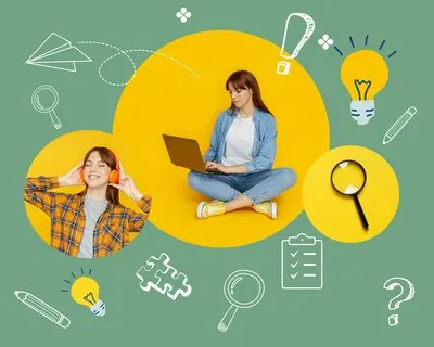 Study concept young lady with laptop and with headphones