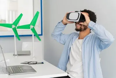 Man innovating wind energy in virtual reality style