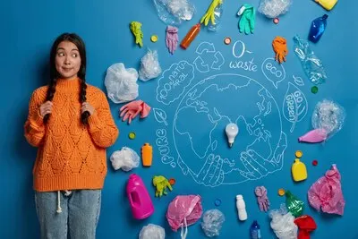 Young curly female activist holds two plaits, looks aside, demonstrates problem of plastic pollution with symbolic picture