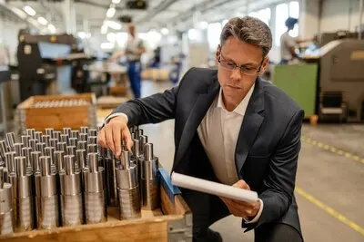Male engineer reading documents while checking quality of manufactured steel rood in industrial building