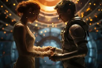 Young couple getting married in a space station