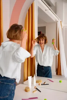 Medium shot woman using dry shampoo at home