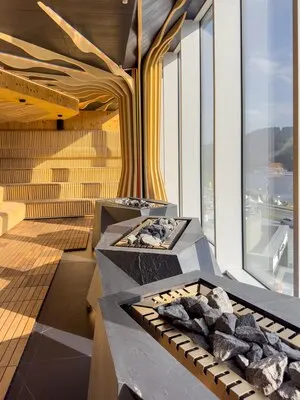 Designer sauna heaters geometric forms sunny interior