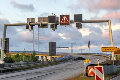 Traffic signs bridge highway reconstruction