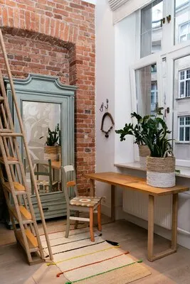 Boho style interior with brick wall