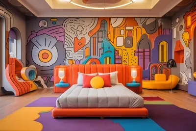 View of bedroom with futuristic decor and style