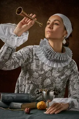 Man in white lace with long sleeved shirt holding trumpet