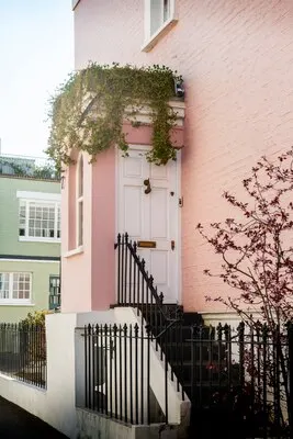Side view of front door with pink wall and plants