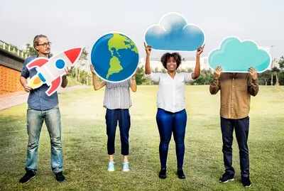 Diverse friends holding icons