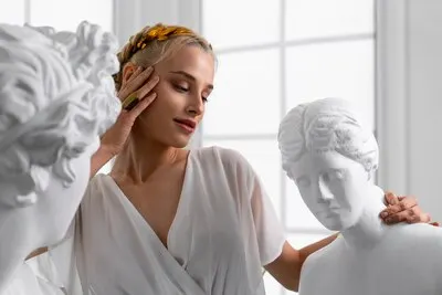 Front view woman posing as greek goddess