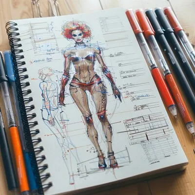 Digital art style fashion design sketch on paper