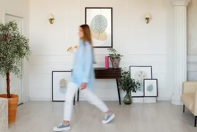 Woman doing daily activities in minimal decorated room