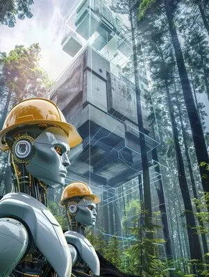 Scene with futuristic robot used in the construction industry