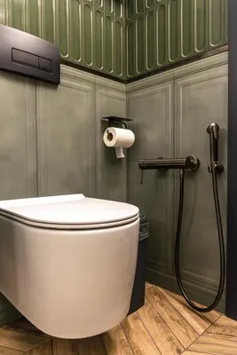 Stylish restroom wall hung toilet matte black fixtures