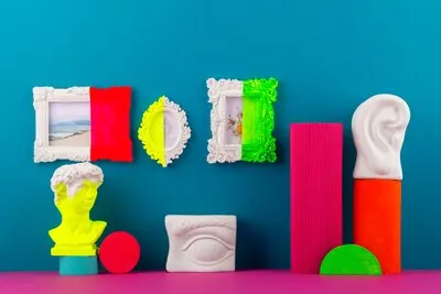 Still life of small decorative objects with vivid colors