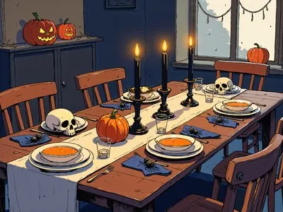 Halloween dinner scene with skulls, pumpkins, and candles