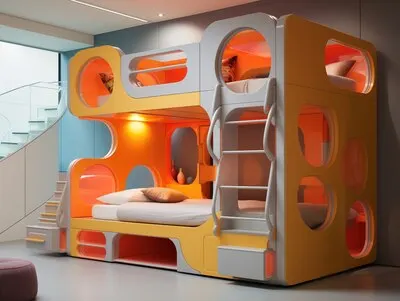 View of bedroom with futuristic decor and style