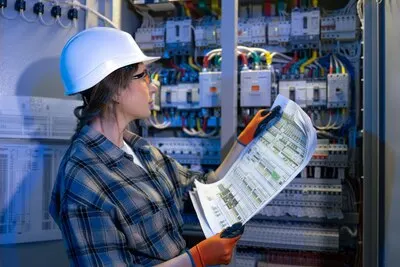 Woman electrician compares blueprint with panel modules assembly control