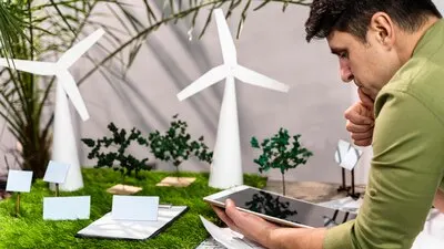 Side view of man using tablet next to an eco-friendly wind power project layout