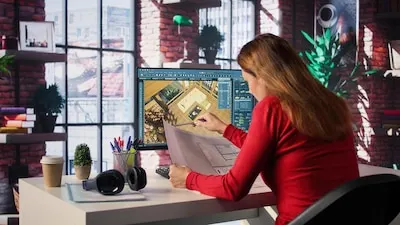 Freelancer designer decorates apartment floor plan using blueprints on pc