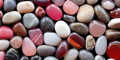 Polished stones in earthy tones glisten with reflected light