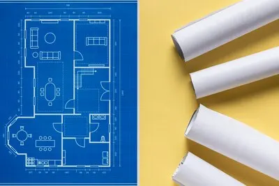 Flat lay architectural project with different tools arrangement