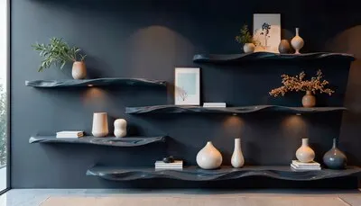 Modern wall shelves with vases, books, and plants