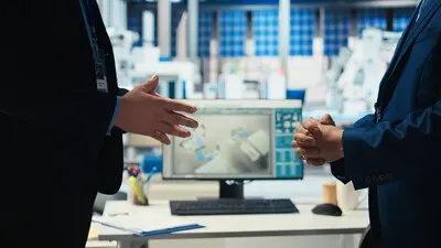 Photovoltaics factory manager and investor doing handshake reaching agreement