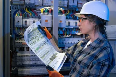Woman electrician reads a large panel blueprint at work engineering plan