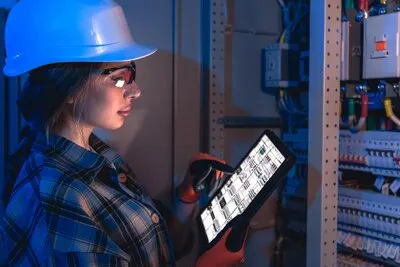 Woman electrician in blue light checks switchboard on tablet night diagnostics