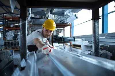 Factory worker working in warehouse handling metal material for production